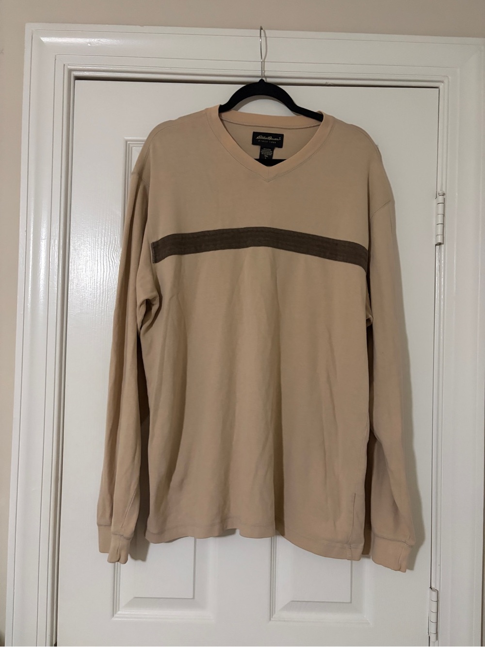 Vintage Eddie Bauer Beige V-Neck Sweater with Brown Chest Stripe